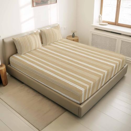 Twin XL Fitted Sheet Deep Pocket, Beige Sand Minimalist Striped Soft