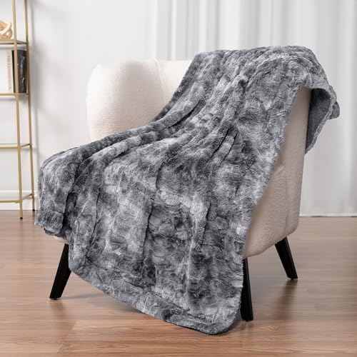 PAVILIA Tie Dye Faux Fur Sherpa Twin Blanket for Couch Bed, Grey