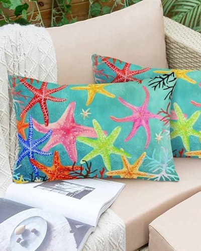 Outdoor Pillow Covers with Inserts,Coastal Colorful Starfish