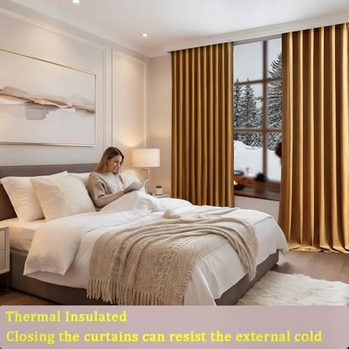 Timeper Gold Brown Velvet Blackout Curtains 52x120 inches, 2Pcs, Back