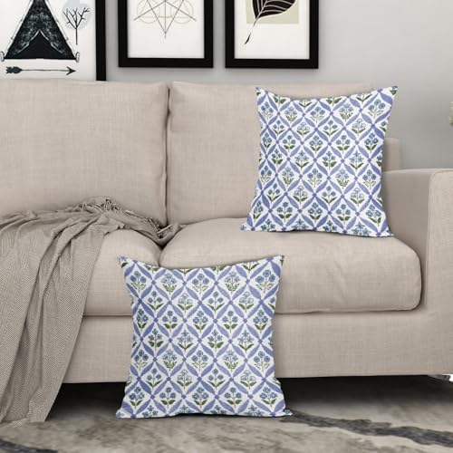 Blue Green Floral Block Print Pillow Covers 20X20 Set of 2, Flower