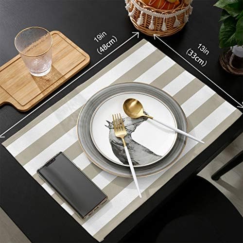 Table Runner and Placemats Set of 6 Tan and White Stripe Decorative