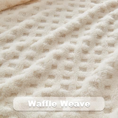NEWCOSPLAY 3D Waffle Checkered Flannel King Blanket, Ivory, 90"x110"