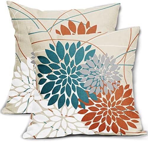 Teal Orange Pillow Covers 20x20 Dahlia Flower White Gray Elegant