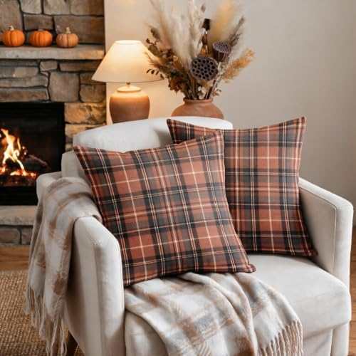 Plaid Fall Throw Pillow Covers 18x18 Set of 2 Burnt Orange Grey Tartan