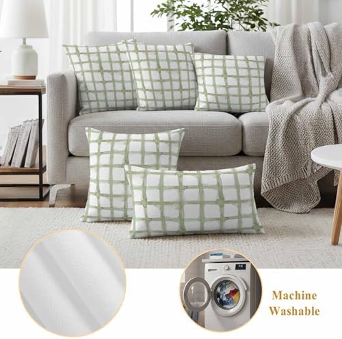 Outdoor Throw Pillow Covers,Retro Geometric Sage Green Check