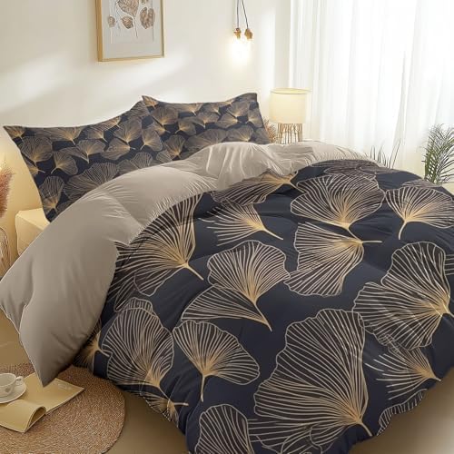 Duvet Cover King, Minimalist Line Art Plants Ginkgo Leaves Bedding Set
