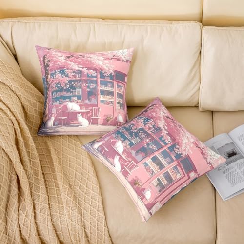 jejeloiu Pink Cherry Blossoms Throw Pillow Covers Set of