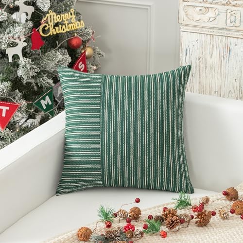 Kevin Textile Dark Green and Beige Farmhouse Striped Patchwork Linen