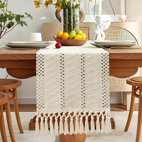 OTOSTAR Boho Table Runner Ivory Macrame Table Runners with Tassels