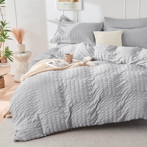 Duvet Cover Full Size, Seersucker Bedding Set, 3 Pieces, Light Grey