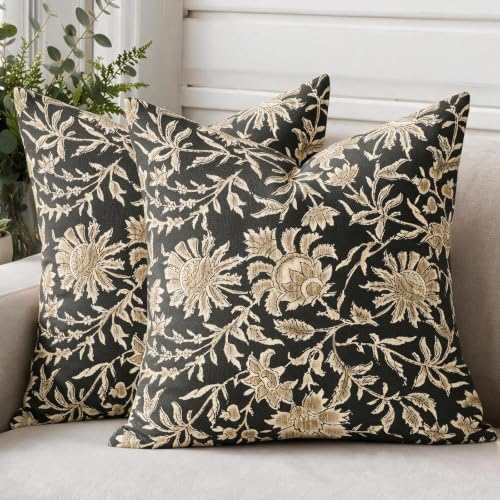 Vintage Floral Pillow Covers 18x18 Set of 2 Dark Grey Retro Botanical