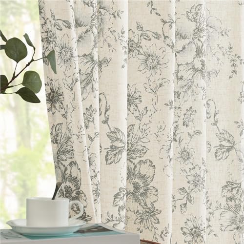 jinchan Floral Lined Linen Curtains 108 Long for Living Room 2 Panels