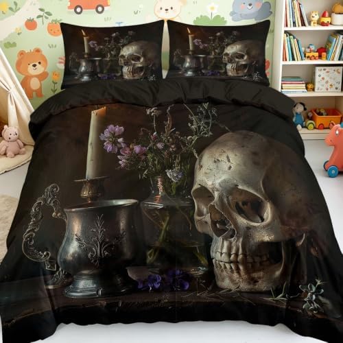 King Duvet Cover Set Retro Art Skull Flowers 3D Printed Bedding Sets