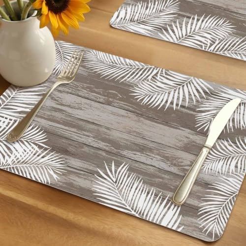 Minimalist White Palm Leaves Leather Placemats Set of 6, 12x18 Inch
