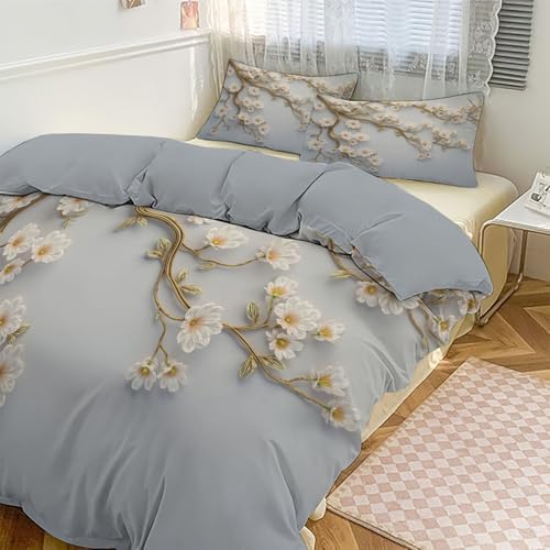 Duvet Cover Set King, 3D Flower and Leaf Relief Brushed Microfiber