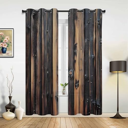 Curtains 96 Inches Long 2 Panels, Brown Wooden Grain Grommets Window