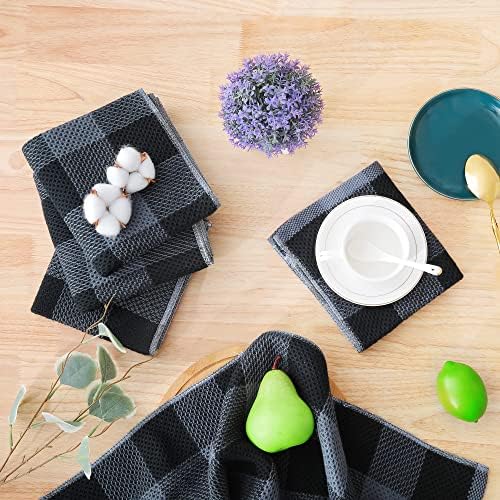 Homaxy 100% Cotton Check 12 Pack Dish Cloths, 12" x 12", Black & Grey