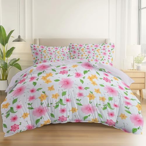 Duvet Cover King, Minimalist Cute Flowers Plants Leaves Bedding Set