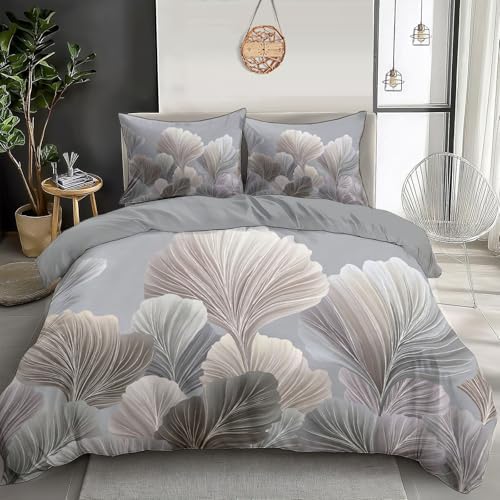Duvet Cover Set Queen, Abstract Lines of Leaves Minimalist Plant Soft