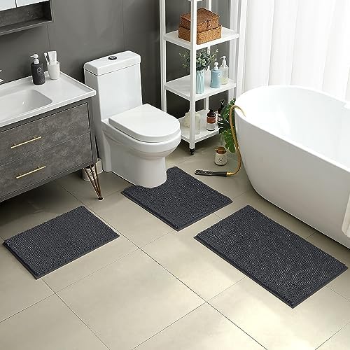 HOMEIDEAS Bathroom Rugs Set of 3, Super Soft Absorbent Chenille Bath