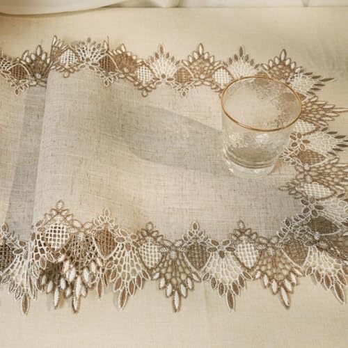 Phantomon Neutral Linen Table Runner 36 Inches Beige Embroidered