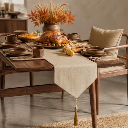 Beige Faux Linen Table Runner Waterproof Elegant Modern Table Decor