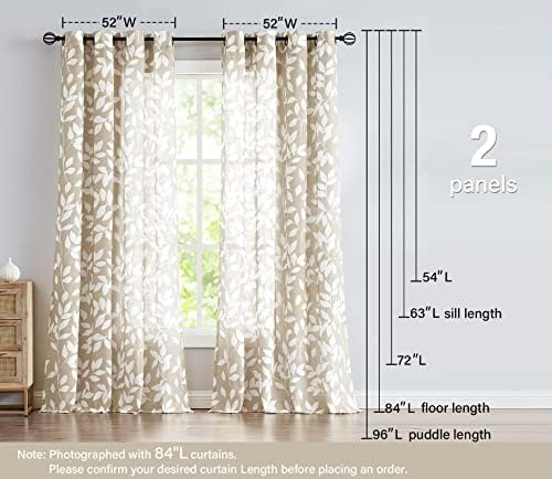 Leaf Print Semi Sheer Curtains 52x95" Taupe White Bedroom Window