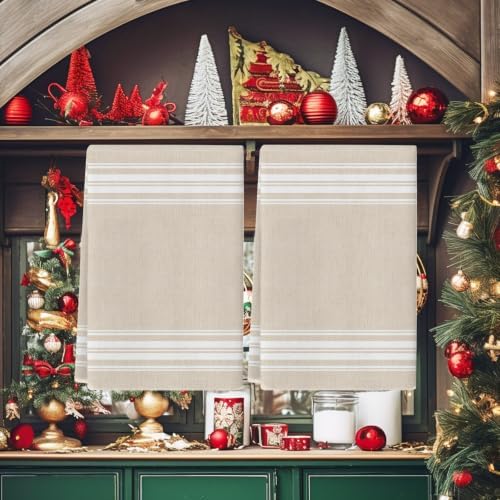 Cream Striped Kitchen Towels Set of 3, Absorbent Dish Towels for