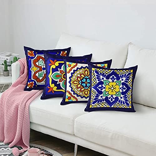 Throw Pillow Covers Set of 4, 20 x 20 Inch, Talavera Spanish Ethnic