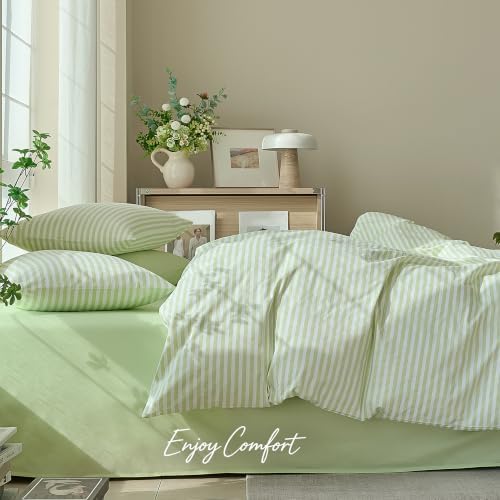 JELLYMONI 100% Cotton Printed Striped Cal King Duvet Cover Set, Sage