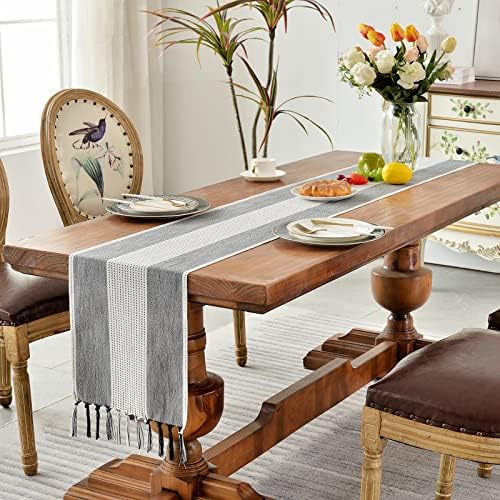 Wracra Linen Table Runner, Stripe Table Runners 90 Inches Long Black