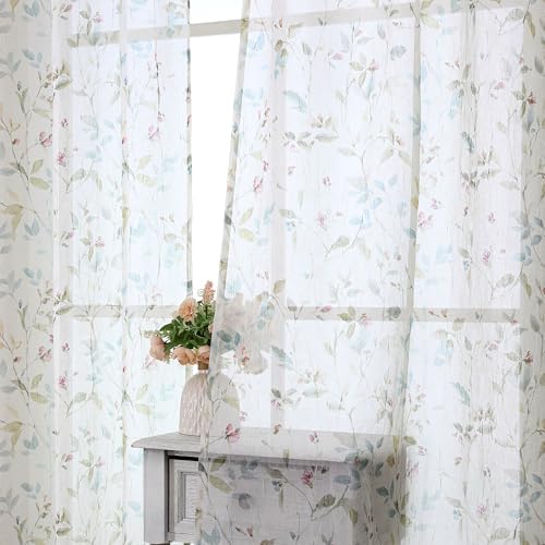 OWENIE Floral Sheer Curtains for Bedroom Living Room 63 Inch Length 2