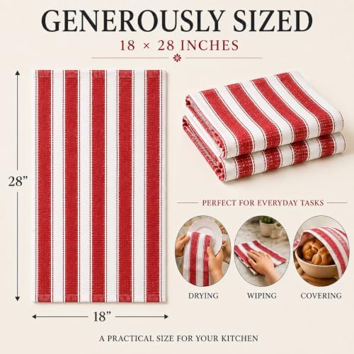 Cotton Kitchen Towels Set of 6, Large, 18 x 28 Inch, Absorbent Dish