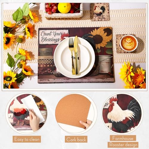 8 Sets Rooster Cork Placemats with Coasters, 12 x 16 Inch