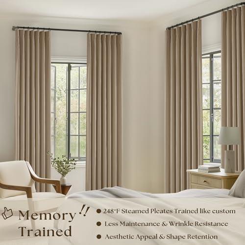 Light Brown 100% Blackout Pinch Pleated Linen 63 Inch Curtains with