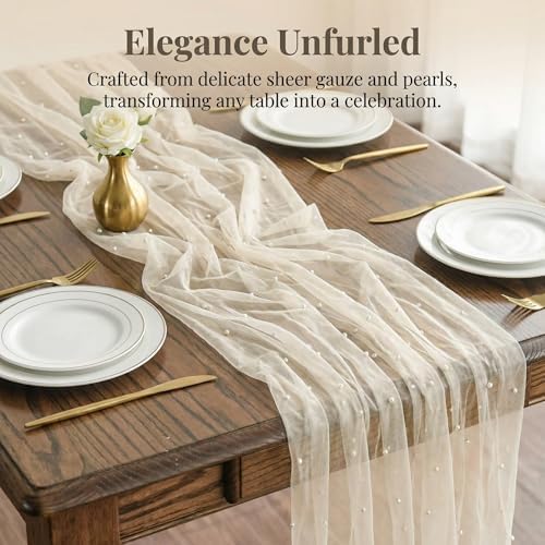 Beige Gauze Table Runner 120 Inch, Sheer Boho Rustic Cheesecloth