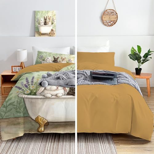 Sage Green Retro Bathtub Rabbit Duvet Cover Set for Women Girls 3 Pcs