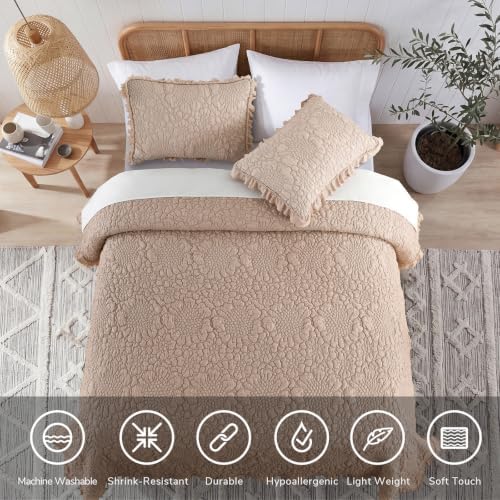 HORIMOTE HOME Pinkish Grey Ruffled Quilt Queen Size, Stone-Washed