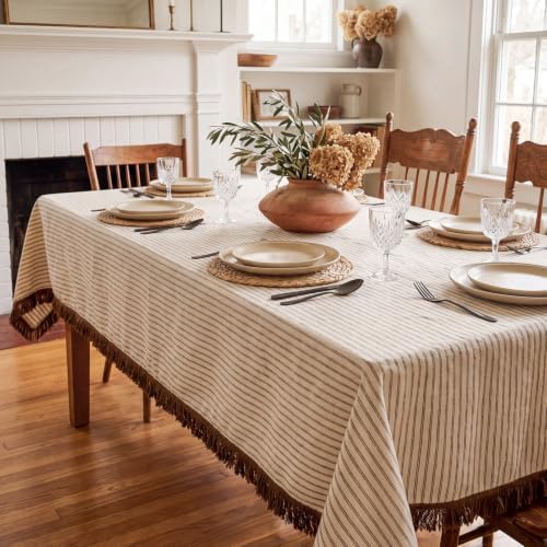 Beige Linen Rectangular Tablecloth, 70x52 Inch, Farmhouse Style