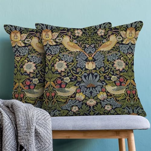 Floral Pillow Covers 18x18 Inch Set of 2, Sage Green Flower Bird