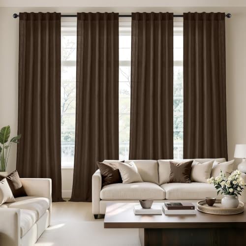 MIULEE Coffee Brown Back Tab Linen Curtains 4 Panels 42W x 96L