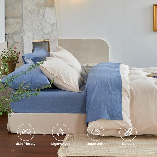 Full Size Washed Cotton Duvet Cover Set, 3 Pieces Linen Like Cooling