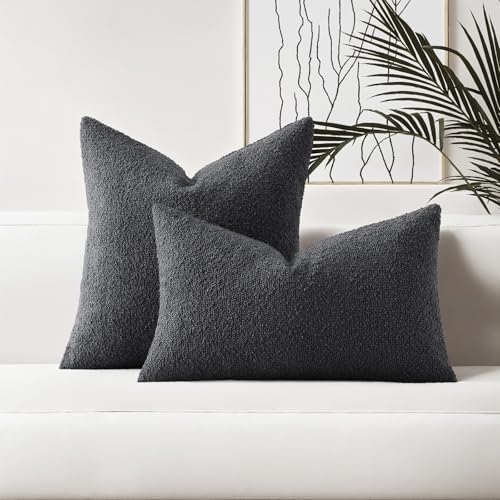 HAUSSY Pack of 2 Boucle Textured Throw Pillow Covers 18x18 Inch, Dark