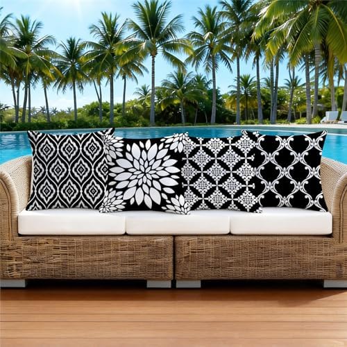 Outdoor Waterproof Throw Pillow Covers 18x18 Set of 4 Black and White