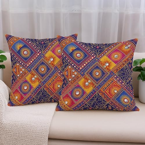 Sunburst Throw Pillow Covers Set of 2, Bohemian Ethnic Geometric