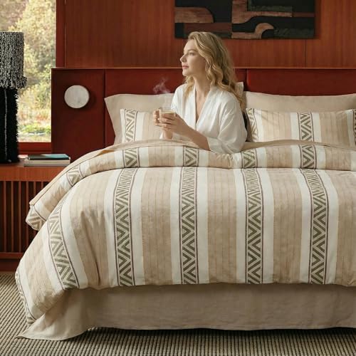 100% Cotton Tufted Duvet Cover Set Queen Size, Neutral Geometric