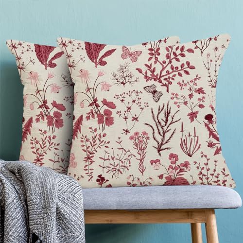 Christmas Pillow Covers 18x18 Inch Set of 2,Burgundy Red Wild Flower