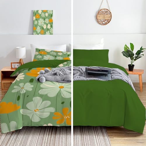 Sage Green Cute Country Floral Print Duvet Cover Set for Women Girls