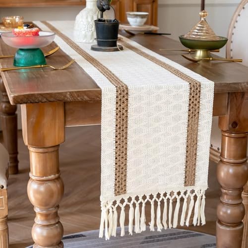 Macrame Style Boho Table Runner, Beige Table Runners 138 Inches Long